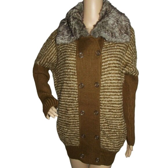 Lilly McKay Cardigan Sweater Size Medium Brown Striped removable faux fur collar - Picture 3 of 11